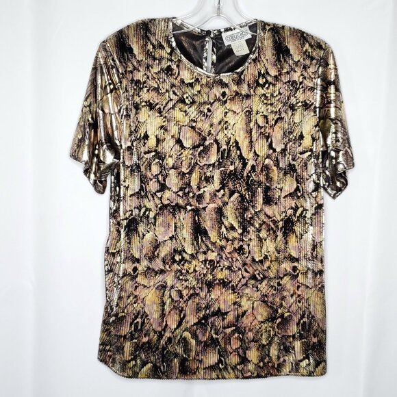 Retro 1980s Abstract Metallic Blouse Top S Gold Black Pink Shiny Party Glam - Picture 1 of 5